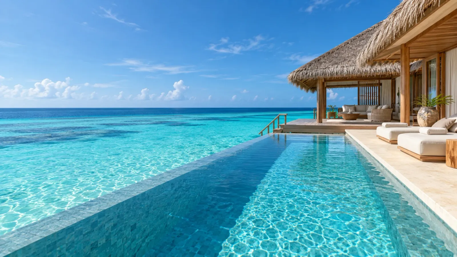 An overwater villa’s infinity pool above a turquoise Maldives lagoon