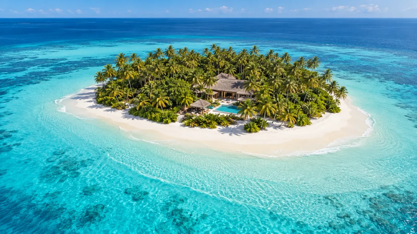 Aerial view of a palm-covered island ringed by white sand and a turquoise reef